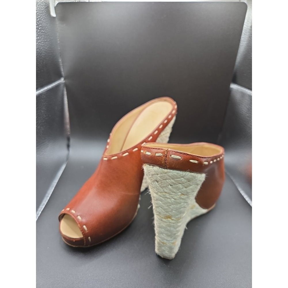 Giuseppe Zanotti Womens Brown Leather Espadrille Wedge Mules Peep Toe Heels 37.5